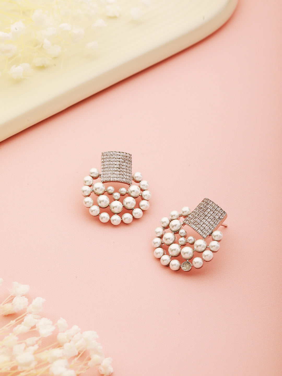 Silver Toned CZ & Pearl Beaded Designer studds  Earrings